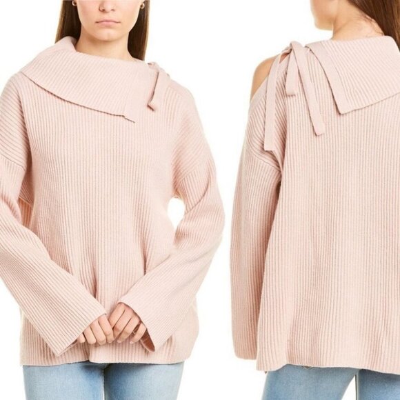 AllSaints Sura Tie Neck Wool Sweater Jumper Pink Size XS Shoulder Cutout Neutral - Picture 1 of 14
